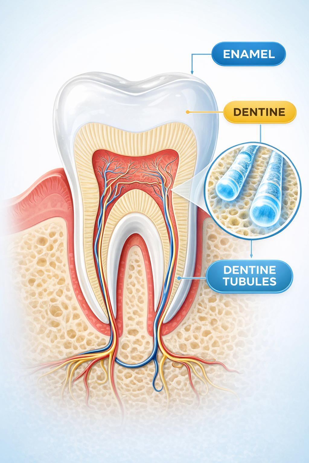 Tooth cross-section infographic showing enamel, dentine and dentinal tubules — blue-white clinical illustration